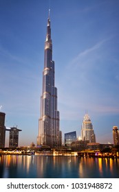 DUBAI, UAE - FEBRUARY 2018: Burj Khalifa, world's tallest tower at night, Downtown Burj Dubai.