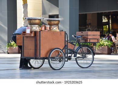 Dubai - UAE, February 4, 2018: A wooden box street vending bicycle