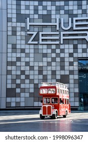 Dubai, UAE - February 4, 2018: Red Double Decker Bus In City Walk Dubai. VIP Tourist Bus.