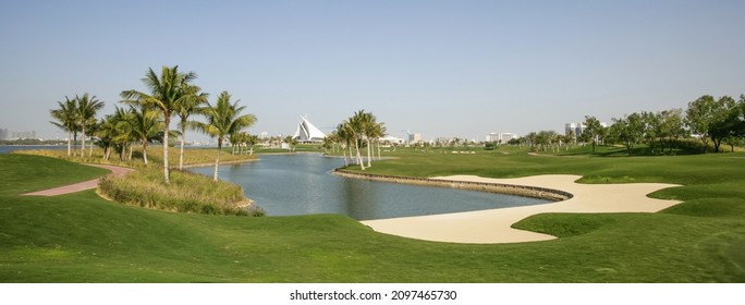 DUBAI, UAE - FEBRUARY 8, 2005: The Dubai Creek Golf and Yacht Club, forerunner of many golf clubs in Dubai, first opened in 1993 with a distinctively sail-shaped clubhouse. 