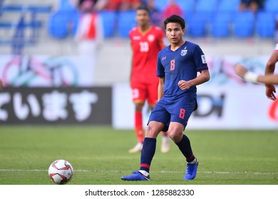 Dubai, UAE - Jan 10 2019: Thitipan Puangchan in action during AFC Asian Cup 2019 between Thailand and Bahrain at  
Al-Maktoum Stadium in Dubai, UAE.