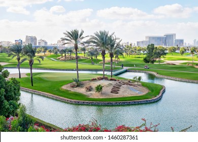 DUBAI, UAE - JAN 20, 2019: Overview of the Dubai Golf and Yacht club with its green and lush golfcourse.