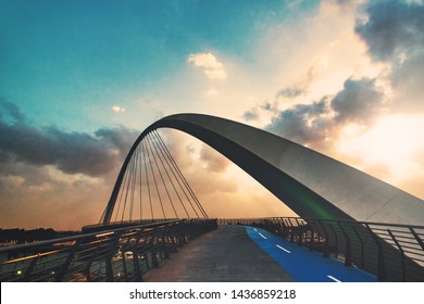 DUBAI, UAE - JAN 23, 2019: Span of the Tolerance bridge in Dubai during evening.