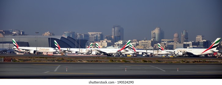 Dubai, UAE - JANUARY 12: Emirates Airlines flights at Dubai International0 Airport Terminal 3 on January 12, 2014. Emirates is an airline based in Dubai.