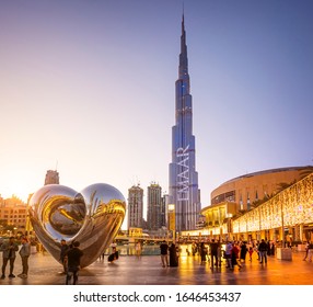 DUBAI, UAE - JANUARY 15, 2020: The impressive and ultramodern architecture of Dubai in the United Arab Emirates at sunset.
