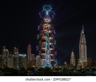 DUBAI, UAE - January 1st, 2022: Elegant Burj Khalifa New Year Eve Fireworks Display