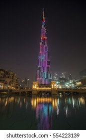 DUBAI, UAE - JANUARY 2: The Burj Khalifa, Tallest Building In The World, Symbol Of Dubai At Night, Shot On January 2, 2017 In Dubai.