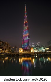 DUBAI, UAE - JANUARY 2: The Burj Khalifa, Tallest Building In The World, Symbol Of Dubai At Night, Shot On January 2, 2017 In Dubai.