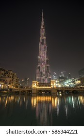 DUBAI, UAE - JANUARY 2: The Burj Khalifa, Tallest Building In The World, Symbol Of Dubai At Night, Shot On January 2, 2017 In Dubai.