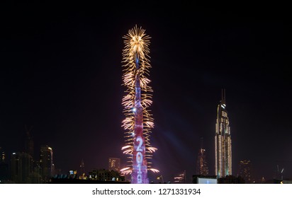 Dubai, UAE - January, 2019: Burj Khalifa During The New Year Fireworks Show.