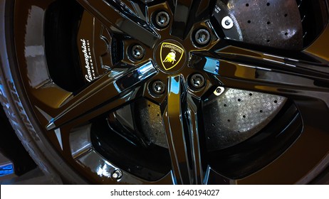 Dubai, UAE- January, 2020. Close-up Of Famous Lamborghini Bull Logo On Wheel Rim With Brakes.