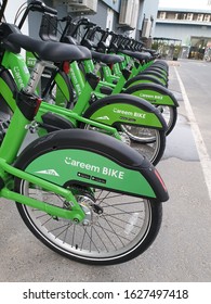 Dubai, UAE - January 23, 2020: Careem Bike Bicycle Tyre Close Up. Rental Service In Dubai