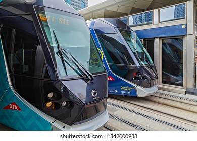 DUBAI, UAE - January 26, 2016: New modern electric tram Dubai RTA is a integrated transportation systems for residents of Dubai