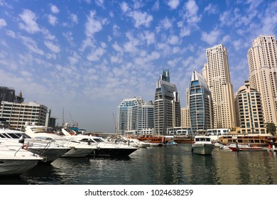 Dubai, UAE – January 28 2018 : Dubai Marina Skyscrapers at beautiful cloudy day 