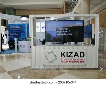 Dubai, UAE - July 16, 2021: Khalifa Industrial Zone (KIZAD) marketing booth at a tradeshow. KIZAD is the trade, logistics and industrial hub of Abu Dhabi and a key economic pillar of the Gulf emirate.