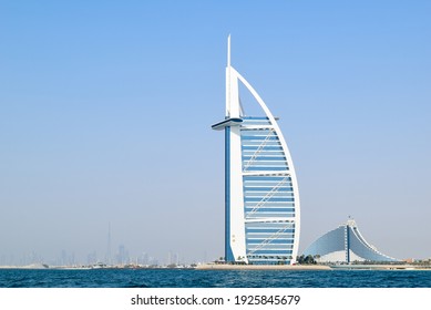 Dubai, UAE - July 17, 2015: Skyline Of Burj Al Arab Hotel, The Iconic Landmark In Dubai.