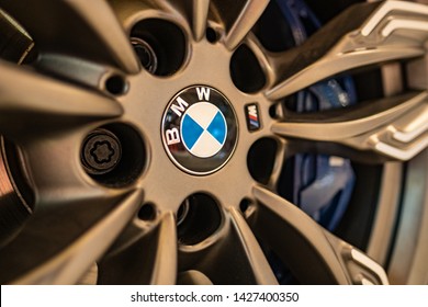 DUBAI, UAE- JUNE, 2019: A closeup of BMW alloy wheel on brand new showroom 7 series model 