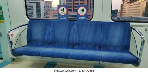 Dubai / UAE - June 24 2020 - Stop COVID-19 Signs And Symbols Inside Dubai Metro Train