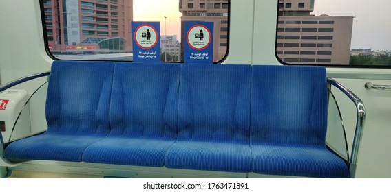 Dubai / UAE - June 24 2020 - Stop COVID-19 signs and symbols inside Dubai metro train