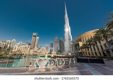 Dubai, UAE June 24,2020. Panoramic View Of Burj Khalifa, Dubai Mall, Souq Al Bahar And Installation 