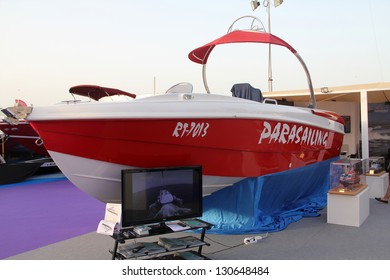 DUBAI, UAE - MARCH 06: MRC Parasailing Boat On Display During Dubai International Boat Show At Dubai Marina Yacht Club On March 06, 2013 In Dubai, United Arab Emirates