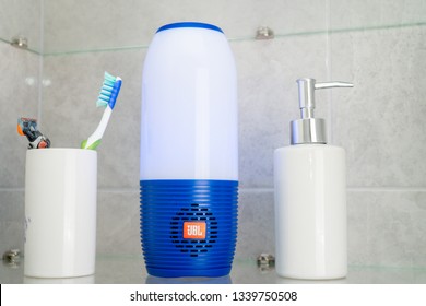 DUBAI, UAE - MARCH 14, 2019: JBL Bluetooth Speaker In The Hotel Bathroom