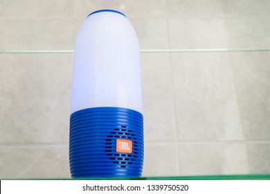 DUBAI, UAE - MARCH 14, 2019: JBL Bluetooth Speaker In The Hotel Bathroom