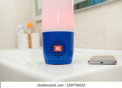 DUBAI, UAE - MARCH 14, 2019: JBL Bluetooth Speaker In The Hotel Bathroom