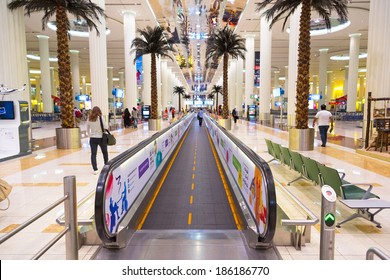 DUBAI, UAE - MARCH 24: Interior of terminal 3 at Dubai International Airport on March 24, 2014. This is the worlds largest airport terminal with over 1,713,000 m2 exclusively for Emirates airlines.