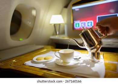 DUBAI, UAE - MARCH 31, 2015: Emirates first class interior. Emirates is one of two flag carriers of the United Arab Emirates along with Etihad Airways and is based in Dubai.