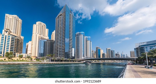 Dubai, UAE. Marina Modern Buildings Near The Channel In Dubai.