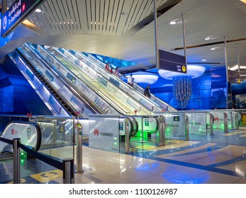 Dubai, UAE - May 15, 2018: The Dubai Metro Inside The Station Is Underground. Escalator.