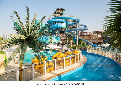 Dubai, UAE, May 2019: View Of Plastic Water Slides In Laguna Water Park At La Mer By Meraas