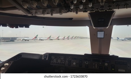 Dubai, UAE, May 2020: Emirates airplanes grounded due to the spreading of the coronavirus. Covid-19 pandemic regulations causes airlines to ground airplanes on airports