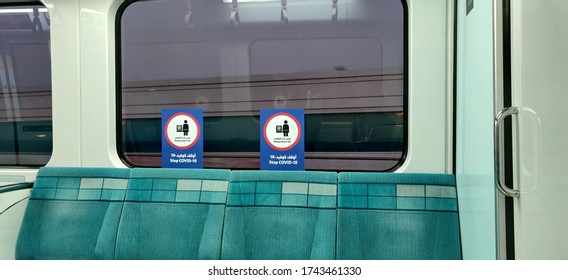 Dubai / UAE - May 28 2020 : Stop COVID-19 Signs And Symbols Inside Dubai Metro Train