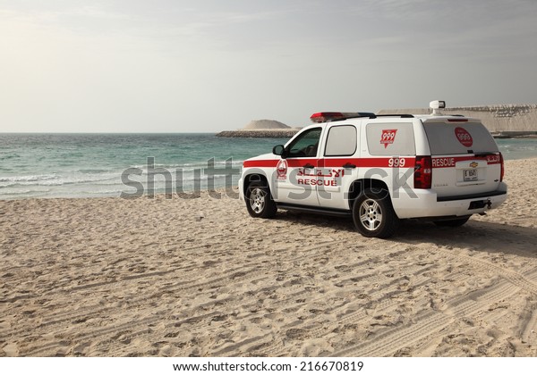 DUBAI, UAE -\
MAY 5: Lifeguard rescue car on the Jumeirah beach in Dubai. May 5,\
2011 in Dubai, United Arab Emirates\
