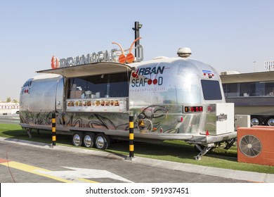 DUBAI, UAE - NOV 27, 2016: Airstream caravan converted to the Urgan Seafood truck at the Last Exit food trucks park on the E11 highway between Abu Dhabi and Dubai