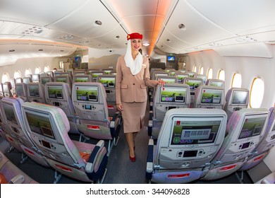 Dubai, UAE - NOVEMBER 09, 2015: Emirates Airbus A380 Cabin Crew Member, Flight Attendant.