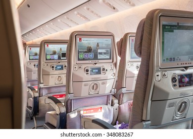 DUBAI, UAE - NOVEMBER 11, 2015: Entertainment Display Inside Emirates Plane.