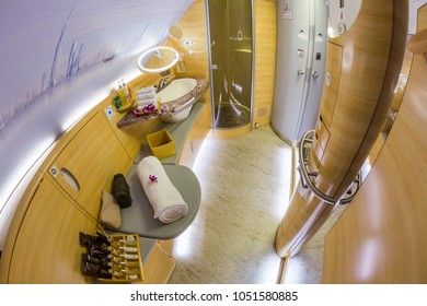 Dubai, UAE - NOVEMBER 12, 2017: Emirates Airbus A380 Lavatory. Business Class, First Class Onboard Shower. Airplane Toilet, Restroom, WC.