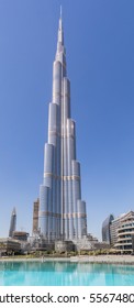 DUBAI, UAE - November 13, 2016: A Vertical Panoramic View Of The Burj Khalifa Tower, The Tallest Structure In The World, On November 13, 2016 In Dubai, UAE