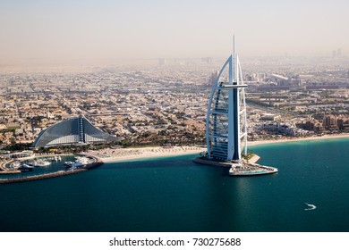 DUBAI, UAE - NOVEMBER 14, 2016: Dubai Skyline. Iconic Burj Al Arab 7 Star Hotel. Jumeirah Beach Hotel.