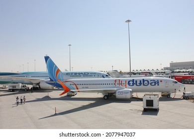Dubai, UAE - November 14, 2021: flydubai Boeing 737 MAX 8 aircraft with a new livery design celebrating the UAE’s 50th anniversary on static display at Dubai Airshow 2021 at Dubai World Central.