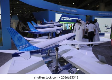 Dubai, UAE - November 14, 2021: Boeing Exhibitor Pavilion At Dubai Airshow 2021 Exhibiting The American Aerospace Giant's Latest Technological Commercial And Air Defense Innovations.
