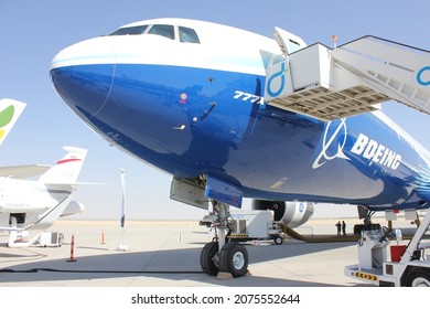 Dubai, UAE - November 15, 2021: Boeing 777X (777-9) flight test aircraft makes its international debut at Dubai Airshow 2021. The 777-9 is Boeing's largest widebody and most efficient twin-engine jet.