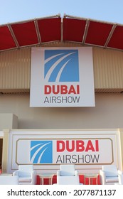 Dubai, UAE - November 15, 2021: Dubai Airshow Logo On Display At The Outdoor VIP Lounge Area At Dubai Airshow 2021 Site At Dubai World Central, Al Maktoum International Airport In Jebel Ali District.