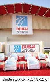 Dubai, UAE - November 15, 2021: Dubai Airshow Logo On Display At The Outdoor VIP Lounge Area At Dubai Airshow 2021 Site At Dubai World Central, Al Maktoum International Airport In Jebel Ali District.