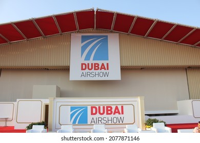 Dubai, UAE - November 15, 2021: Dubai Airshow Logo On Display At The Outdoor VIP Lounge Area At Dubai Airshow 2021 Site At Dubai World Central, Al Maktoum International Airport In Jebel Ali District.