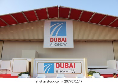 Dubai, UAE - November 15, 2021: Dubai Airshow Logo On Display At The Outdoor VIP Lounge Area At Dubai Airshow 2021 Site At Dubai World Central, Al Maktoum International Airport In Jebel Ali District.