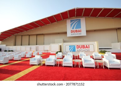 Dubai, UAE - November 15, 2021: Dubai Airshow Logo On Display At The Outdoor VIP Lounge Area At Dubai Airshow 2021 Site At Dubai World Central, Al Maktoum International Airport In Jebel Ali District.